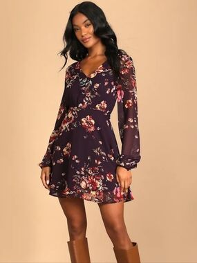 Lulus Always Yours Plum Purple Floral Print Long Sleeve Skater Dress Size M